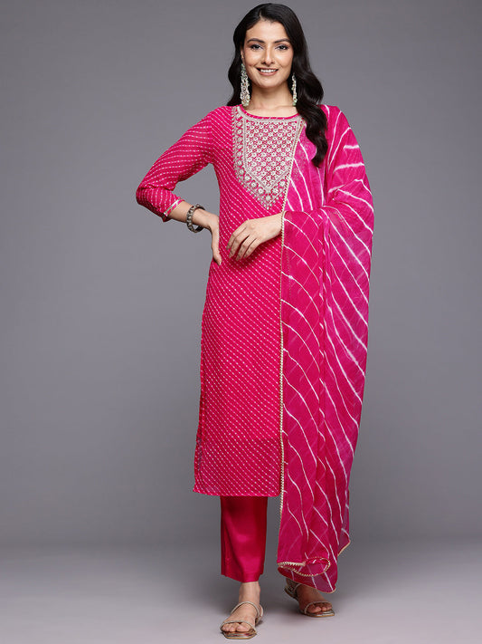 Dhiyona VR Women's Pink Bandhani Zari And Sequins Embroidered Kurta Set With Dupatta