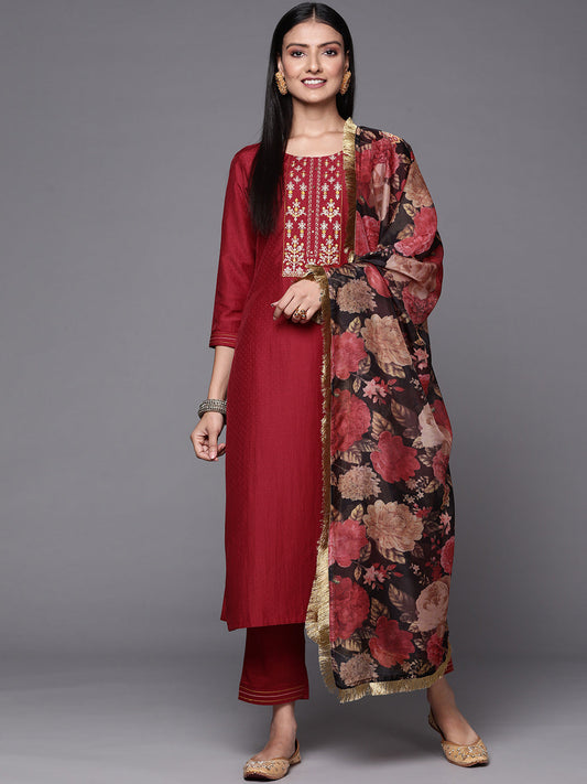 Dhiyona VR Women's Thread Embroidered Kurta Paired With Straight Pant And Digital Printed Dupatta
