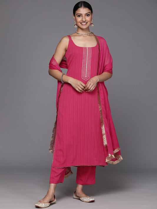 Dhiyona VR Women's Pink Round Neck, Spaghetti Strap Style Straight Kurta Paired With Tonal Bottom And Dupatta