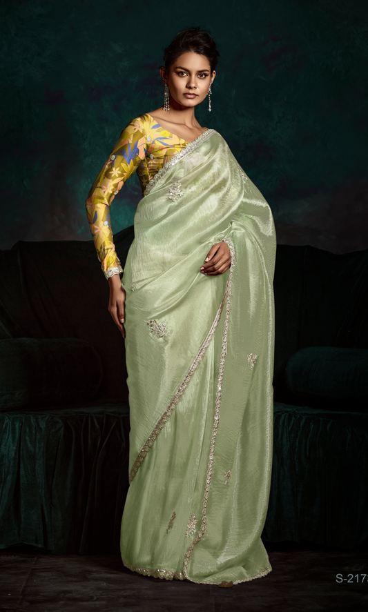Dhiyona KM Women See Green Designer Organza Saree  “ A Blush Of Elegance