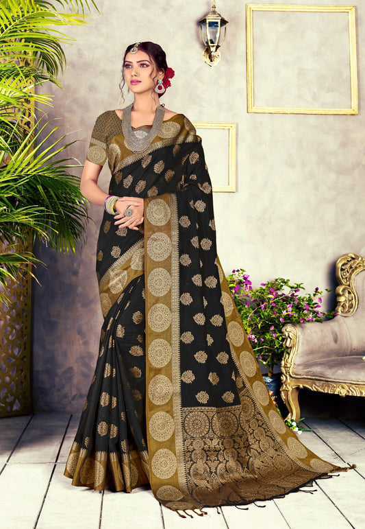 Dhiyona GR Women's GJ Black Diamond Sable Black Zari Woven Design Cotton Blend Saree
