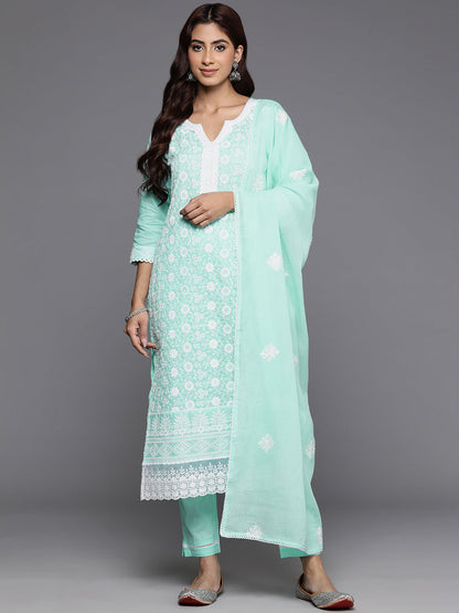 Dhiyona VR Women's Sea Green Thread Embroidered Straight Kurta With Bottom And Dupatta