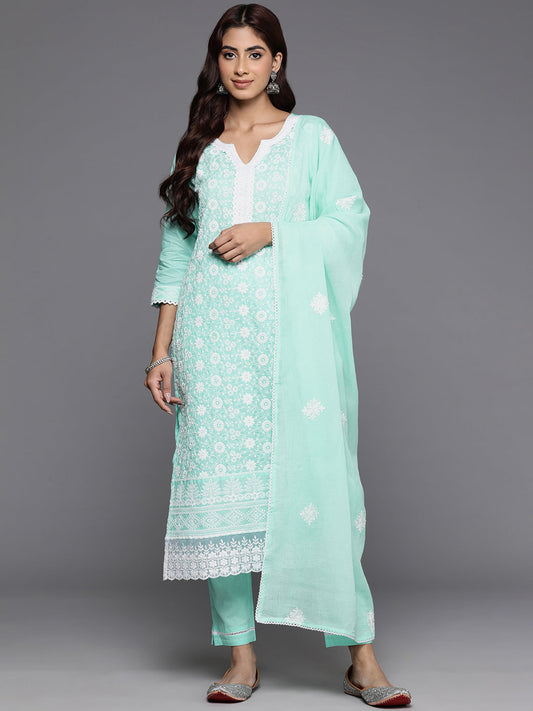 Dhiyona VR Women's Sea Green Thread Embroidered Straight Kurta With Bottom And Dupatta