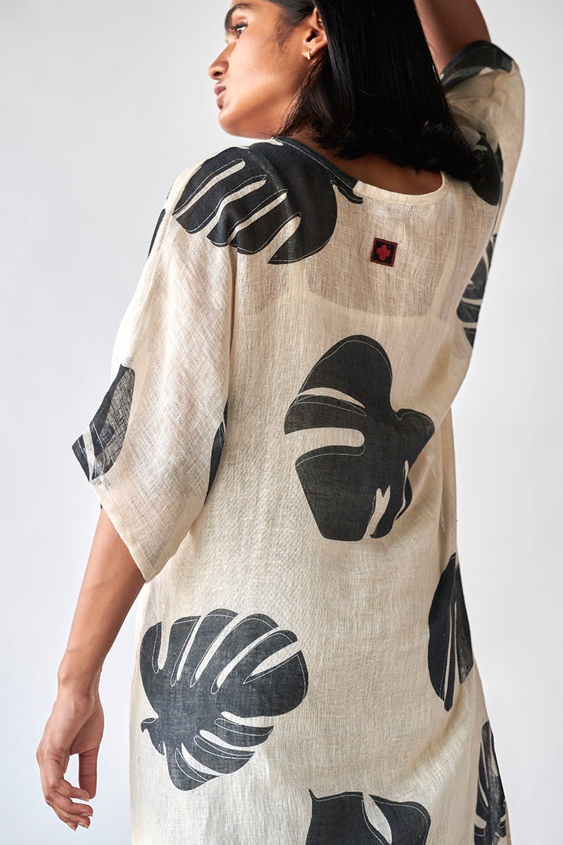 Women's Black and Tofu Leaf Printed Linen Co-ord Set