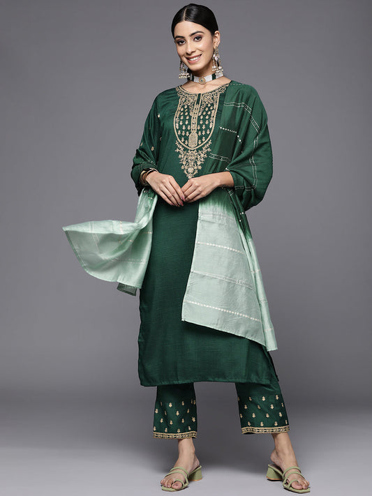 Dhiyona VR Women's Green Embroidered Kurta With Embroidered Trouser And Ombre Dupatta