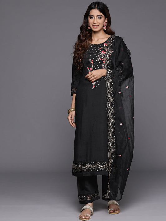 Dhiyona VR Women's Black Thread And Sequins Embroidered Kurta With Bottom And Dupatta