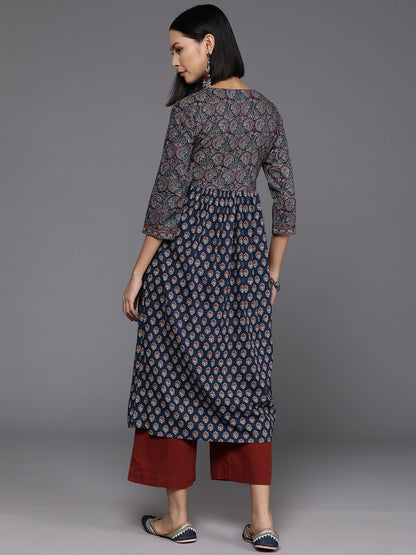 Dhiyona VR Women's Blue And Maroon Bandez Printed Anarkali Kurta