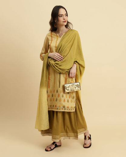 Dhiyona VR Women's Striped Chanderi Kurta With Sharara And Ombre Dupatta