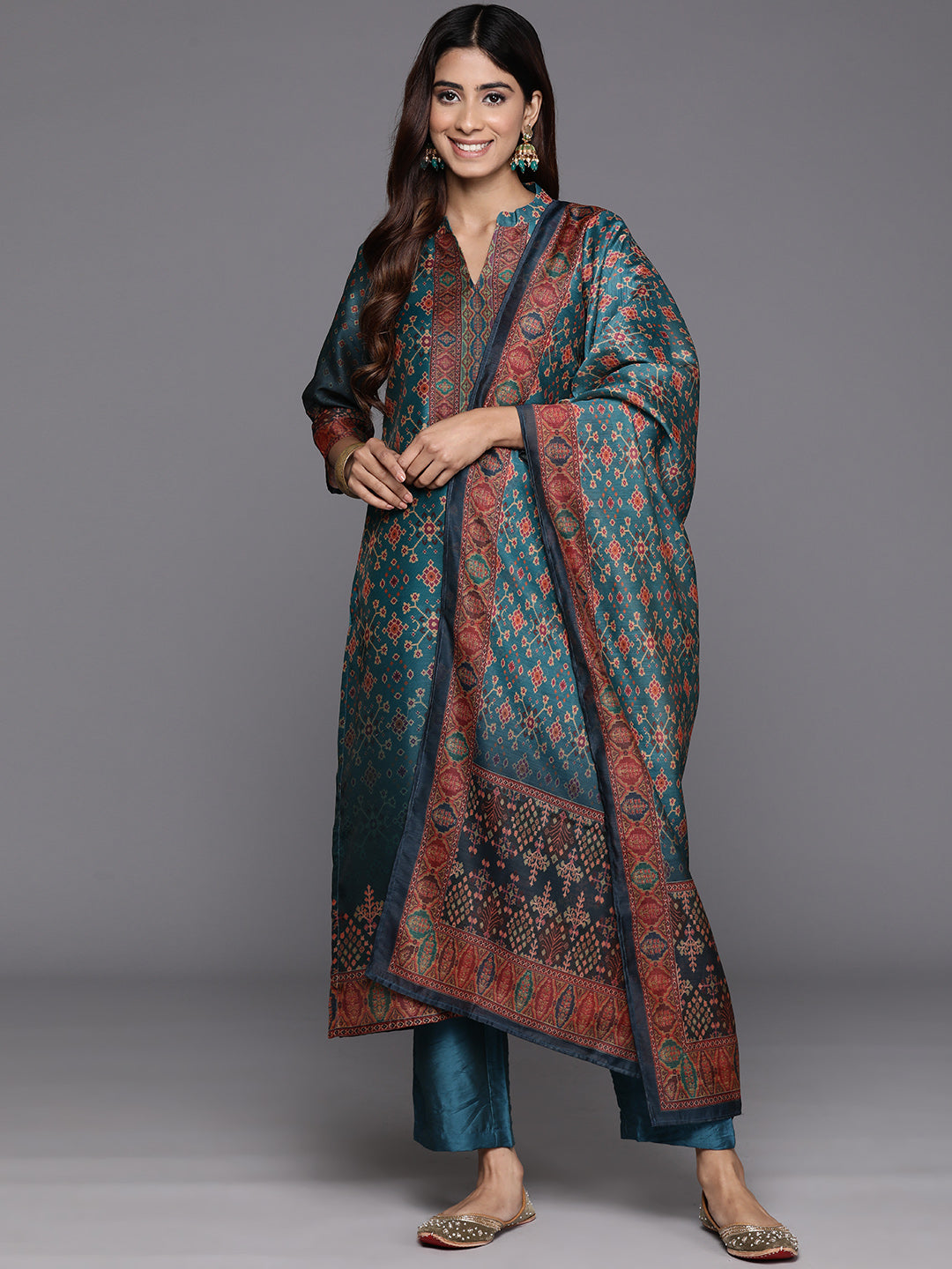 Dhiyona VR Women's Patola Printed, Teal & Beige Mandrin Collar ,Straight Kurta With Solid Bottom And Printed Dupatta