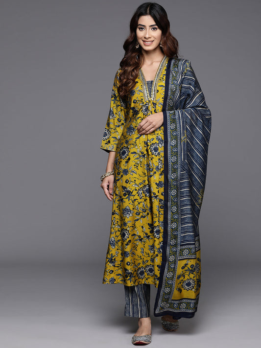 Dhiyona VR Women's Mustard Floral Printed Embellished Kurta With Bottom And Dupatta