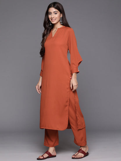 Dhiyona VR Women's Rust Long Sleeves With Smart Cut Cuff, Straight Kurta Paired With Tonal Solid Bottom
