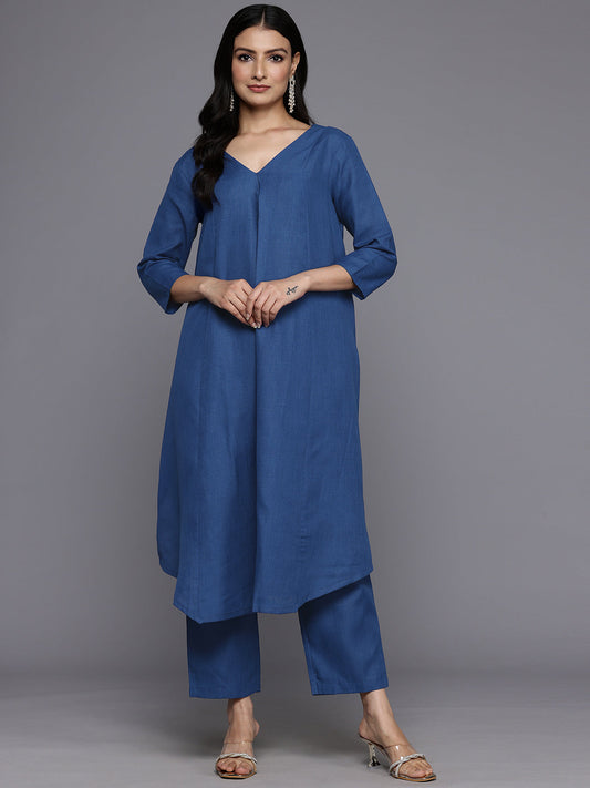 Dhiyona VR Women's Blue Solid A-Line Kurta Paired With Tonal Bottom