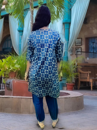Dhiyona VR Women's Blue Mirror Work Yoke Embroidered A-Line Kurta Paired With Tonal Afghan Bottom And With Dupatta
