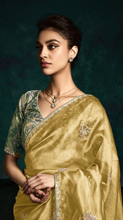 Dhiyona KM Women Golden Organza Silk Saree With Unstitched Floral Printed Blouse Fabric