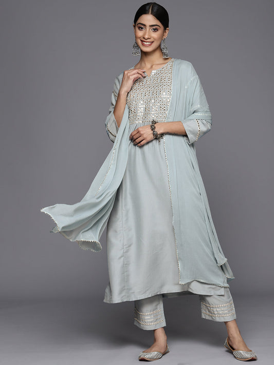 Dhiyona VR Women's Blue Mirror Work Yoke Embroidered Straight Kurta Paired With Tonal Bottom And Tonal Solid Dupatta With Four Side Fringes