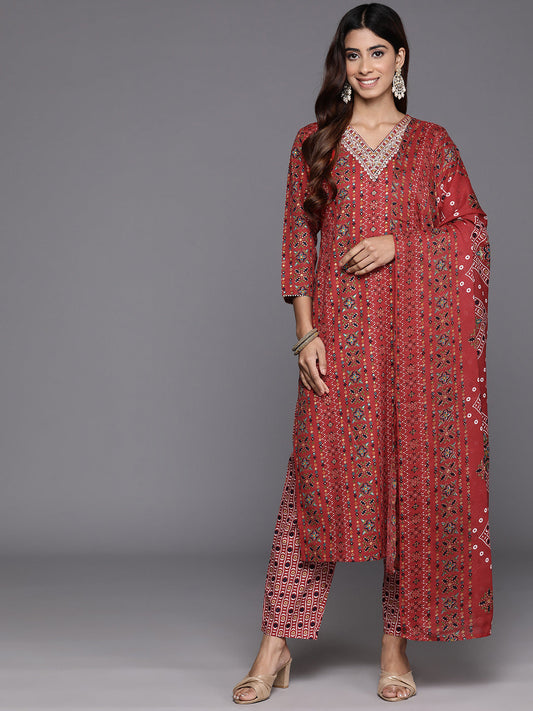 Dhiyona VR Women's Red Printed V-Neck Embroidered Kurta With Bottom And Dupatta