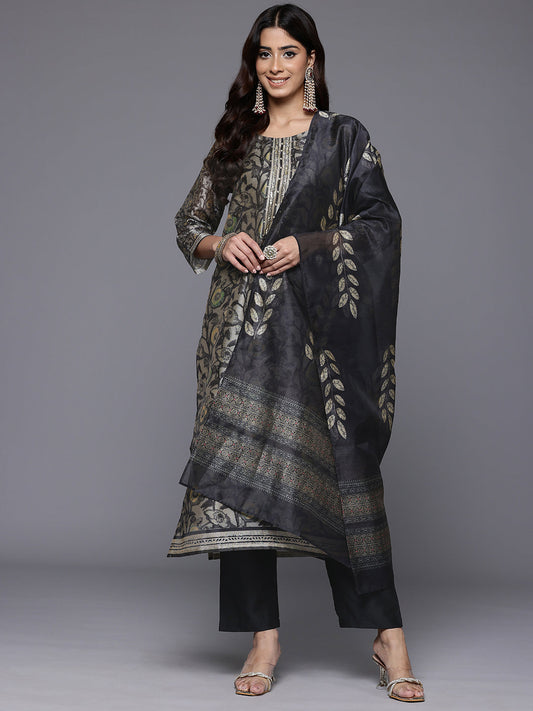 Dhiyona VR Women's Grey Floral Printed Round Neck Straight Kurta Paired With Bottom And Printed Dupatta