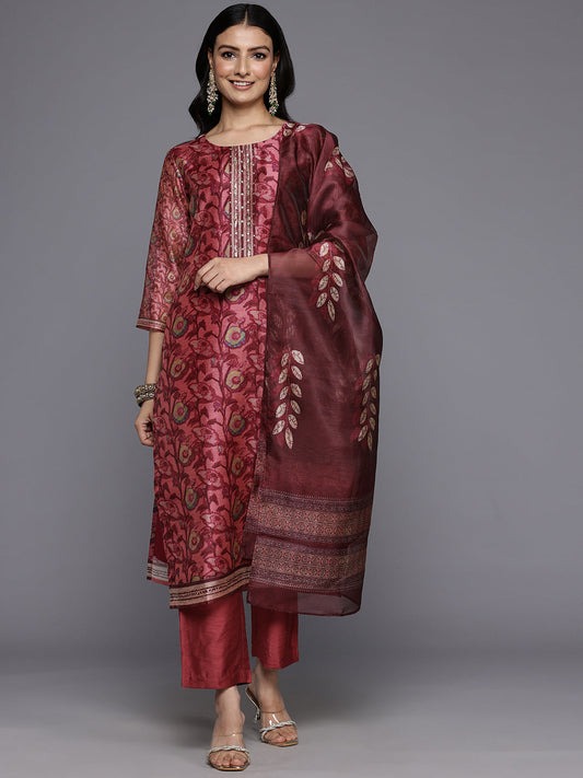 Dhiyona VR Women's Maroon Floral Printed Kurta, Round Neck Straight Kurta Paired With Tonal Bottom And Printed Dupatta