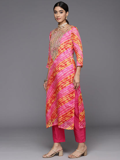 Dhiyona VR Women's Pink And Yellow Lehariya, Gota Embroidered Yoke Straight Kurta Paired With Tonal Bottom And Tonal Dupatta