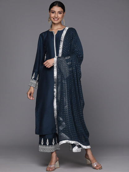 Dhiyona VR Women's Navy Blue Embroidered Straight Kurta Paired With Tonal Bottom And Dotted Dupatta With Four Sided Fringes