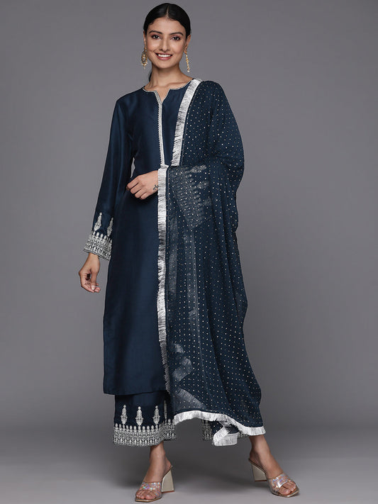 Dhiyona VR Women's Navy Blue Embroidered Straight Kurta Paired With Tonal Bottom And Dotted Dupatta With Four Sided Fringes