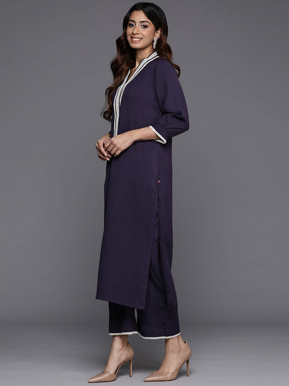 Dhiyona VR Women's Navy Blue Cotton Lace Detailed Kurta Set