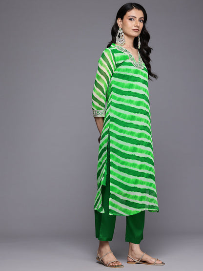 Dhiyona VR Women's Green Leheriya Zari And Sequins Embroidered Kurta Set With Dupatta