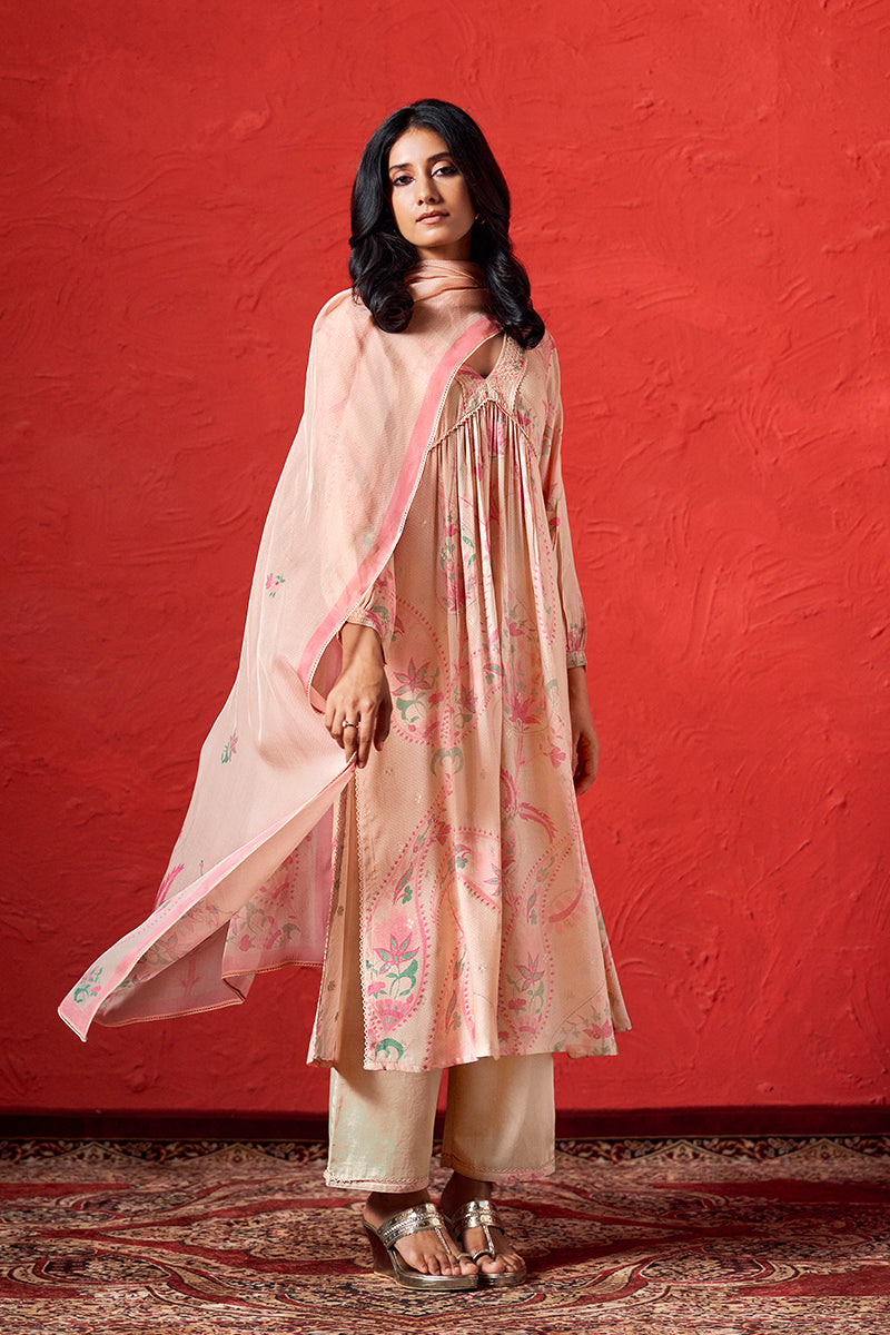 Women's Apricot Illusion Viscose Muslin Jacquard and Pink Print Salwar Suit