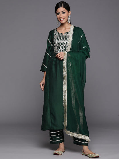 Dhiyona VR Women's Varaanga Green Embroidered Kurta With Tonal Bottom And Tonal Chiffon Dupatta
