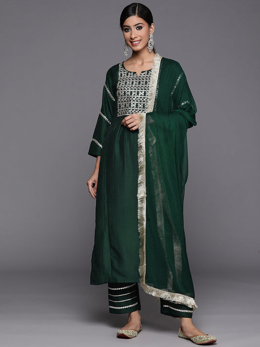 Dhiyona VR Women's Varaanga Green Embroidered Kurta With Tonal Bottom And Tonal Chiffon Dupatta