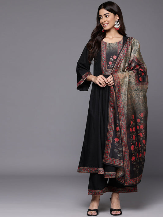 Dhiyona VR Women's Black Floral Printed Embellished Anarkali Kurta Paired With Bottom And Printed Dupatta