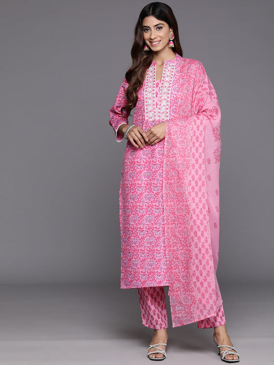 Dhiyona VR Women's Pink Floral Printed Kurta Paired With Bottom & Dupatta