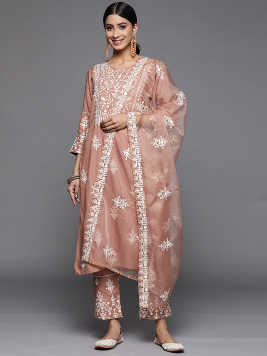 Dhiyona VR Women's Mauve Embroidered Kurta Paired With Tonal Trouser And Dupatta