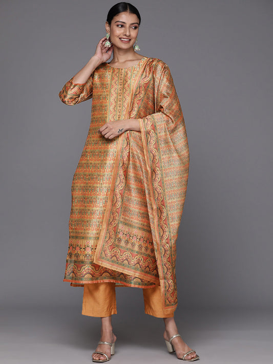 Dhiyona VR Women's Coral Printed, Straight Kurta Paired With Tonal Bottom And Printed Dupatta