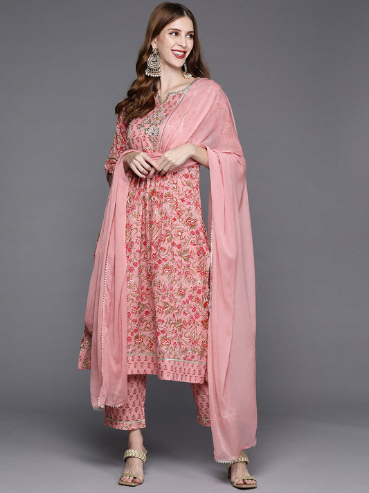 Dhiyona VR Women's Floral Printed Embroidered Kurta With Straight Pant And Chiffon Dupatta