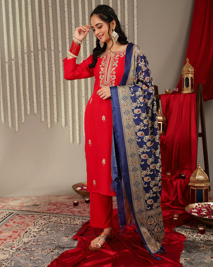Dhiyona VR Women's Red Placement Design Zari Embroidered Kurta With Three Quarter Sleeves Paired With Tonal Bottom And Contrast Printed Dupatta
