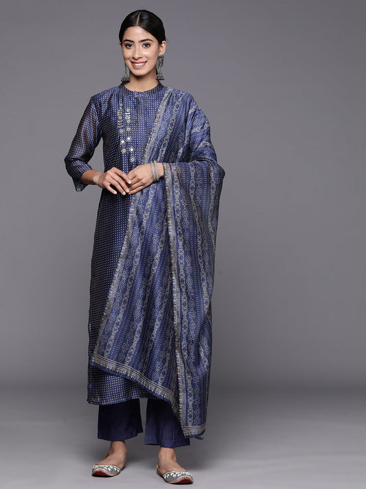 Dhiyona VR Women's Navy Blue Bandhani Printed Straight Kurta With Three Quarter Sleeves Paired With Tonal Bottom And Printed Dupatta