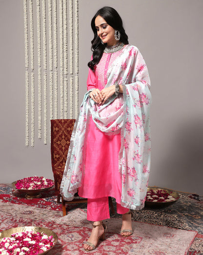 Dhiyona VR Women's Pink Floral Embroidered Regular Chanderi Silk Kurta With Trousers & With Dupatta
