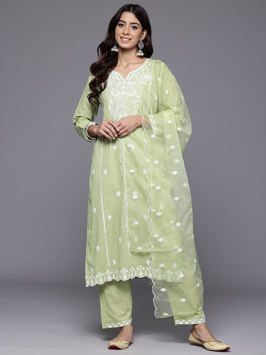 Dhiyona VR Women's Sea Green Round Neck Heavy Thread Embroidered Kurta With Bottom & Dupatta
