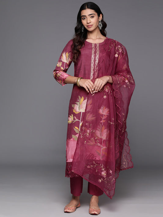 Dhiyona VR Women's Pure Muslin Maroon Floral Printed Kurta Paired With Tonal Bottom And Organza Dupatta