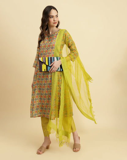Dhiyona VR Women's Ikat Printed A-Line Mirror Embroidered Kurta Paired With Straight Trouser And Dupatta