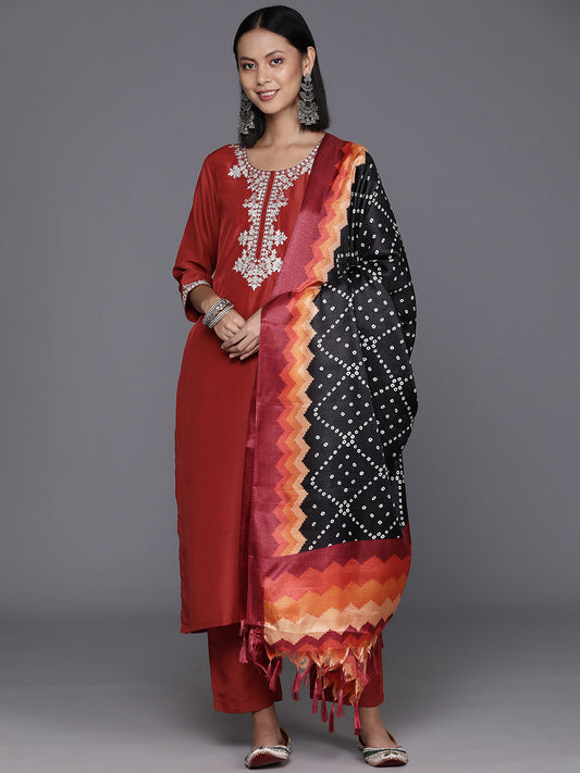 Dhiyona VR Women's Rust Zari Kurta With Solid Trouser And Dupatta Set