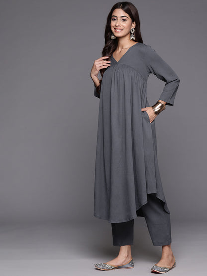 Dhiyona VR Women's Grey Empire Gathered Details A-Line Kurta Paired With Tonal Bottom