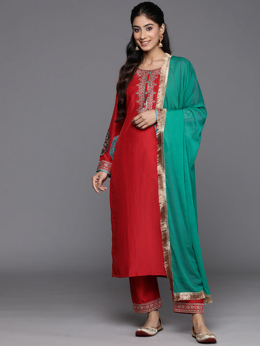 Dhiyona VR Women's Red Embroidered Straight Kurta Paired With Tonal Bottom And Contrast Dupatta With Four Sided Fringes