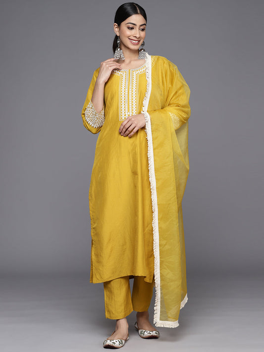 Dhiyona VR Women's Yellow Embroidered Kurta With Tonal Bottom And Tonal Dupatta