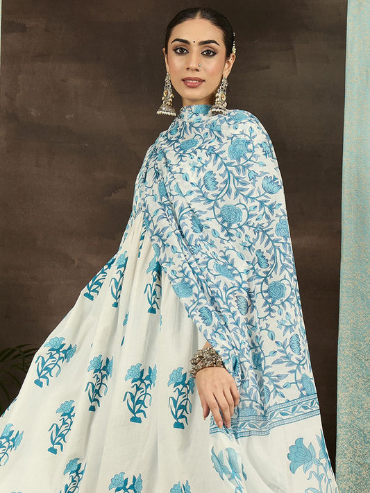 Dhiyona IE Floral Printed Empire Pure Cotton Kurta With Trousers & Dupatta