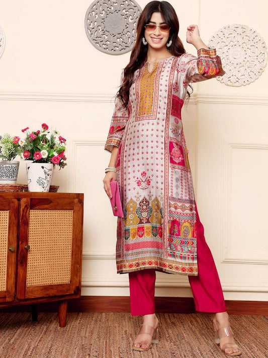 Dhiyona VA Women'sEthnic Motifs Printed Gotta Patti Notch Neck Chanderi Silk Kurta With Trousers