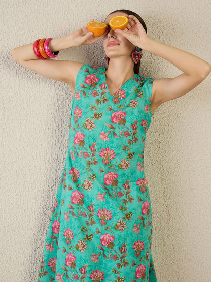 Floral Printed V-Neck Pure Cotton A-Line Kurta With Trouser