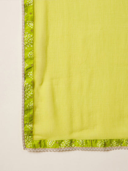 Dhiyona IE Bandhani Printed Empire V-Neck Pure Cotton Kurta with Trousers & Dupatta