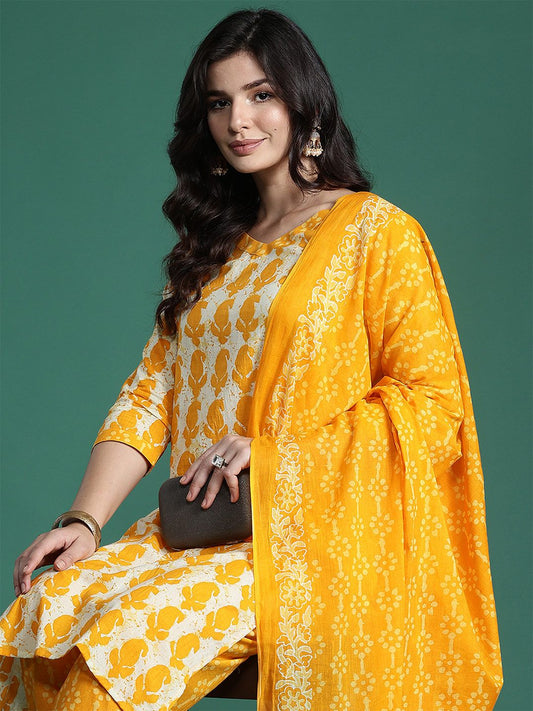 Dhiyona IE Paisley Printed Pure Cotton Kurta with Trousers & With Dupatta